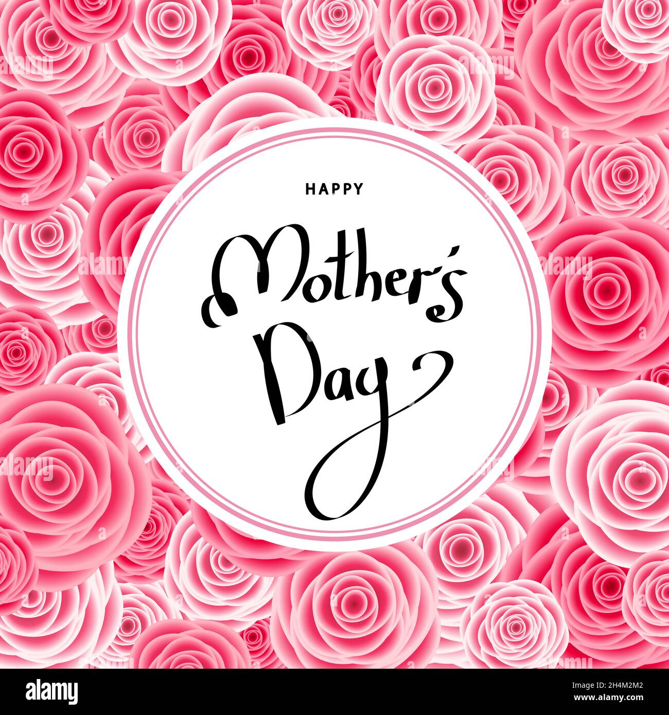 Happy mother's day greeting card with roses, lettering. Pink flowers