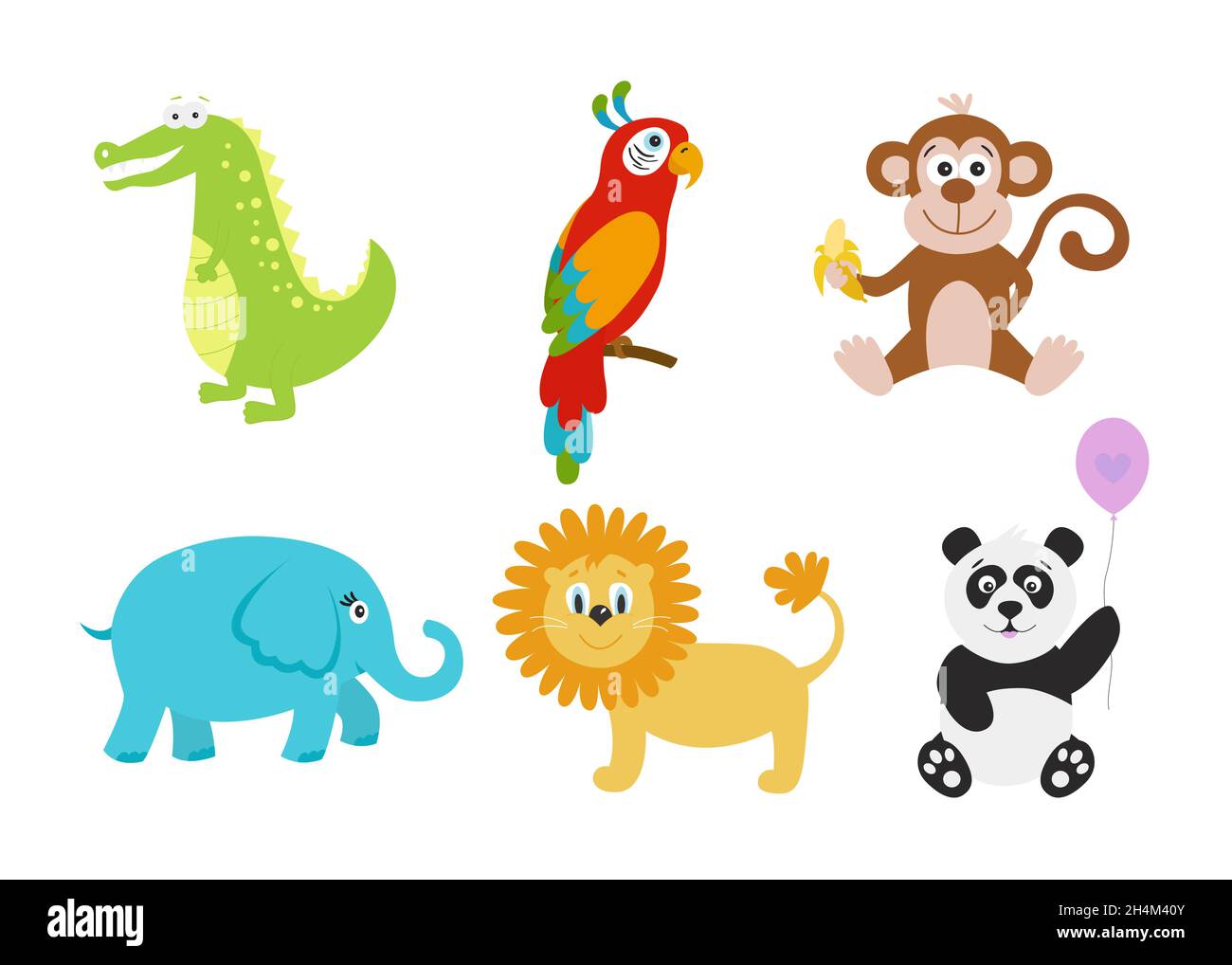Set of cute cartoon  animals for baby goods.  Crocodile, elephant,  panda, lion, parrot; monkey. Funny icons. Comics vector illustration isolated on w Stock Vector