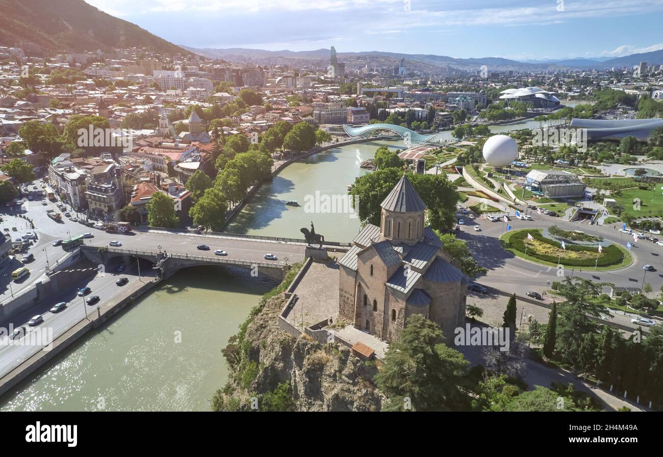 Panorama of Rike park in Tbilisi aerial drone view on sunny day Stock Photo