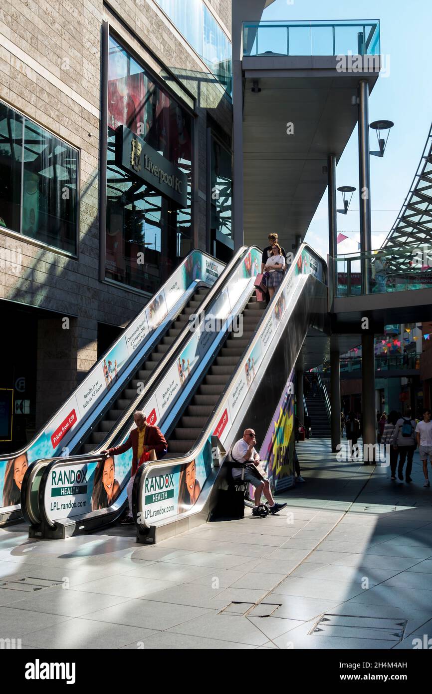 External escalator south John Street Liverpool ONE shopping centre 2021 Stock Photo
