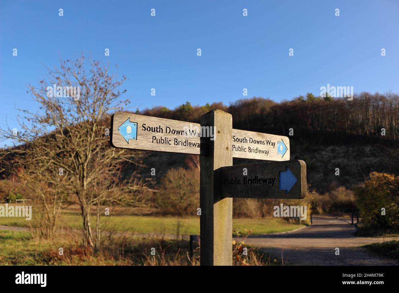 A signpost between Butser Hill and Queen Elizabeth Country Park in Hampshire pointing to the South Downs Way Stock Photo