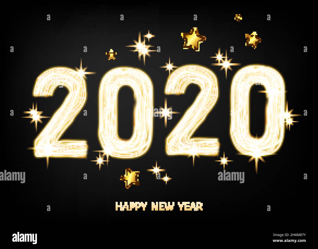 2020 Happy New Year Black Background With Golden Glittering Stars Gold