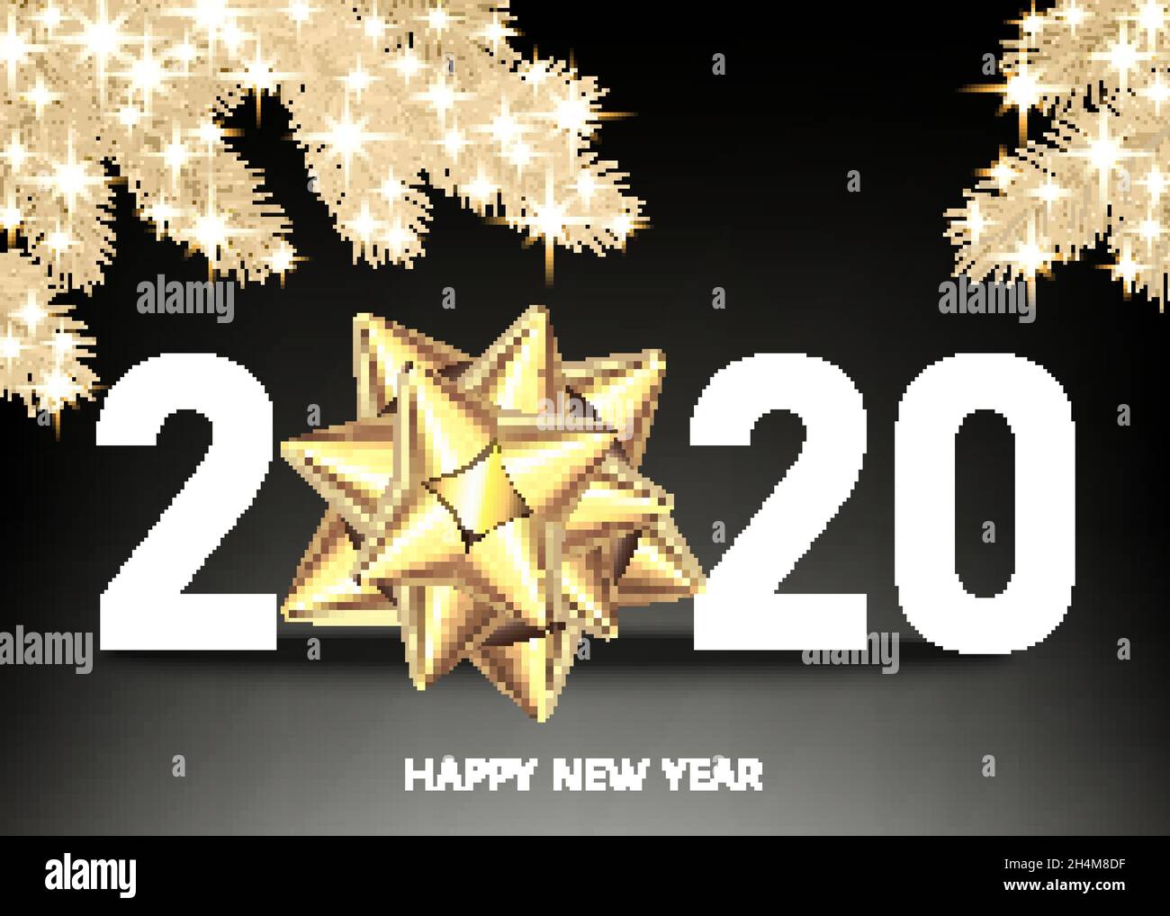 2020 happy New Year black background with golden gift bow and ...
