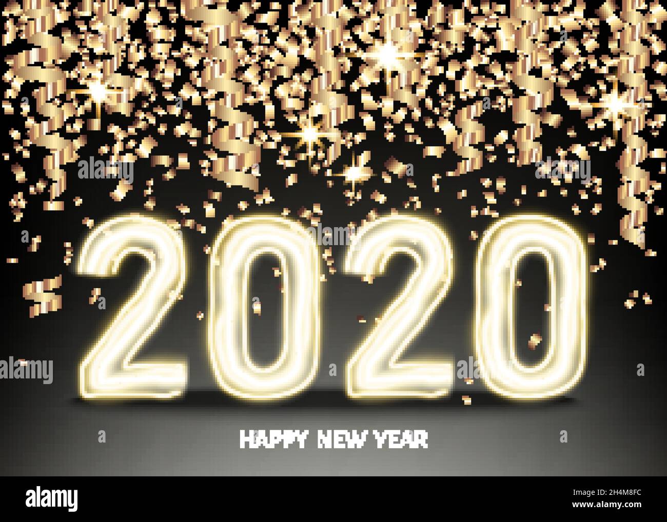 2020 happy New Year black background with glittering gold ribbon and ...