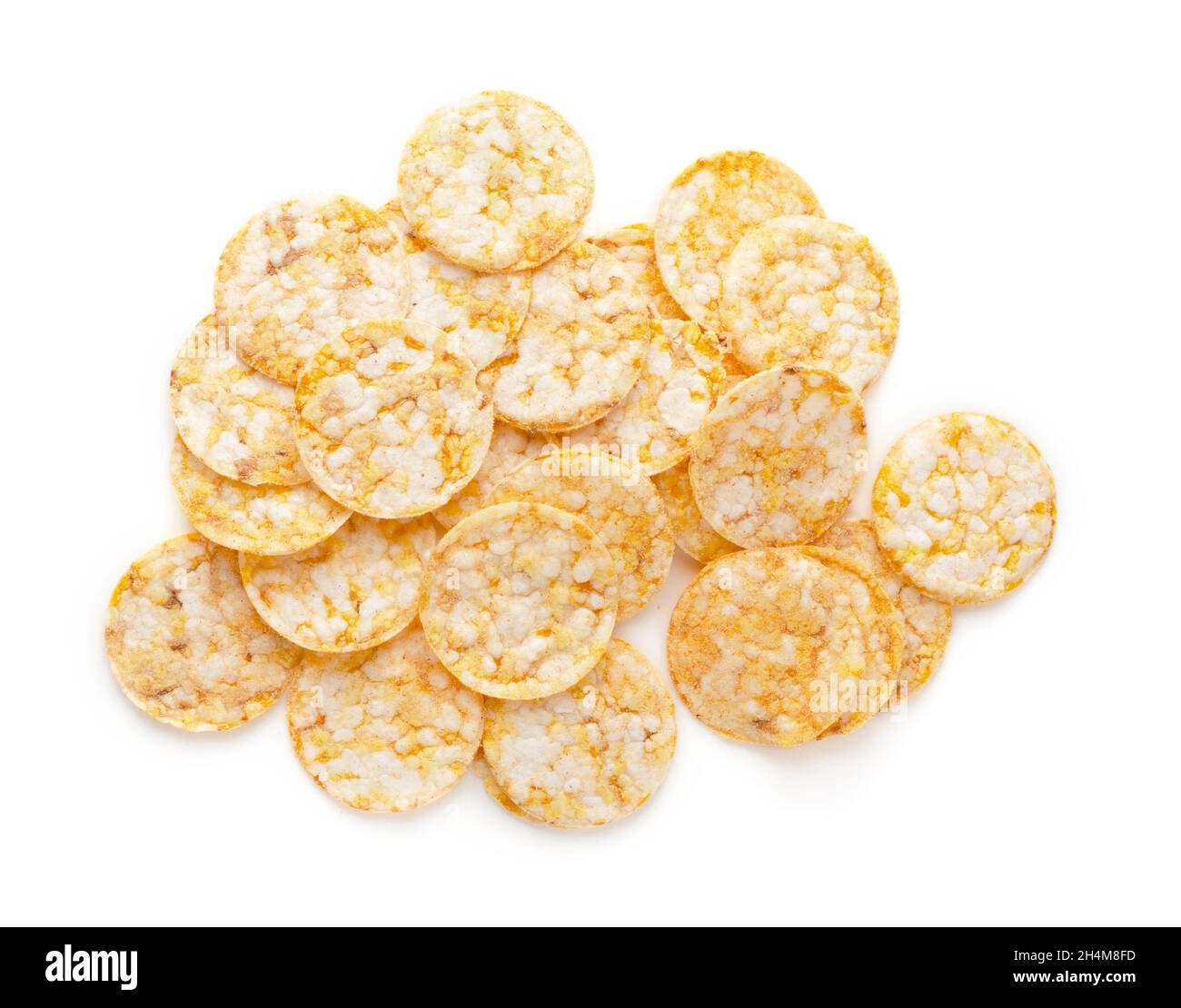 Round crunchy crispbreads isolated on a white background. Round shaped cereal bread, healthy food without yeast. Puffed multigrain crispbreads for die Stock Photo