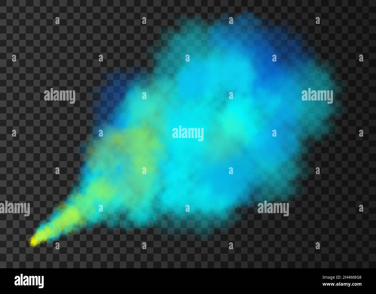 Blue, green smoke burst isolated on transparent background. Color steam  explosion special effect. Realistic vector column of fire fog or mist  texture .