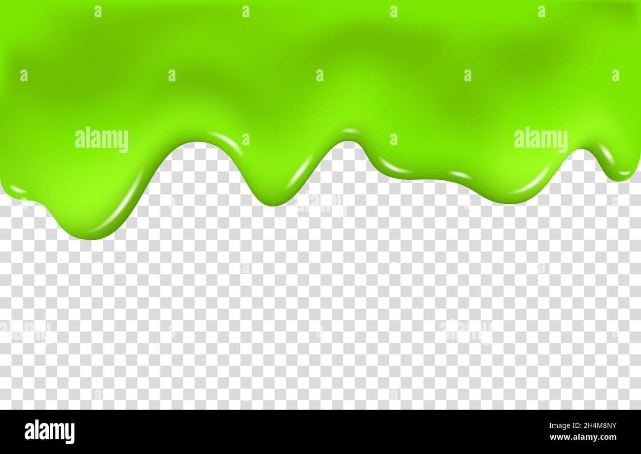 Green slime drip isolated on transparent background. Dripping  paint. Halloween mucus realistic 3d vector illustration. Stock Vector