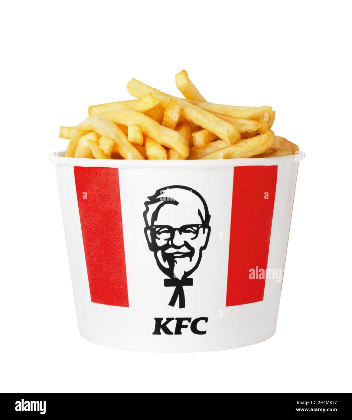 Moscow, Russia - July 16, 2020: A lots of KFC french fries in bucket of KFC (Kentucky Fried Chicken) fast food. Isolated on a white background. Stock Photo