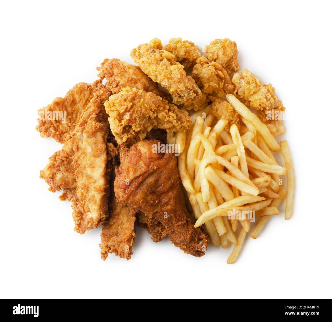 Fried chicken with frech fries, breaded drumsticks and nuggets isolated on white background. Beer set. Stock Photo
