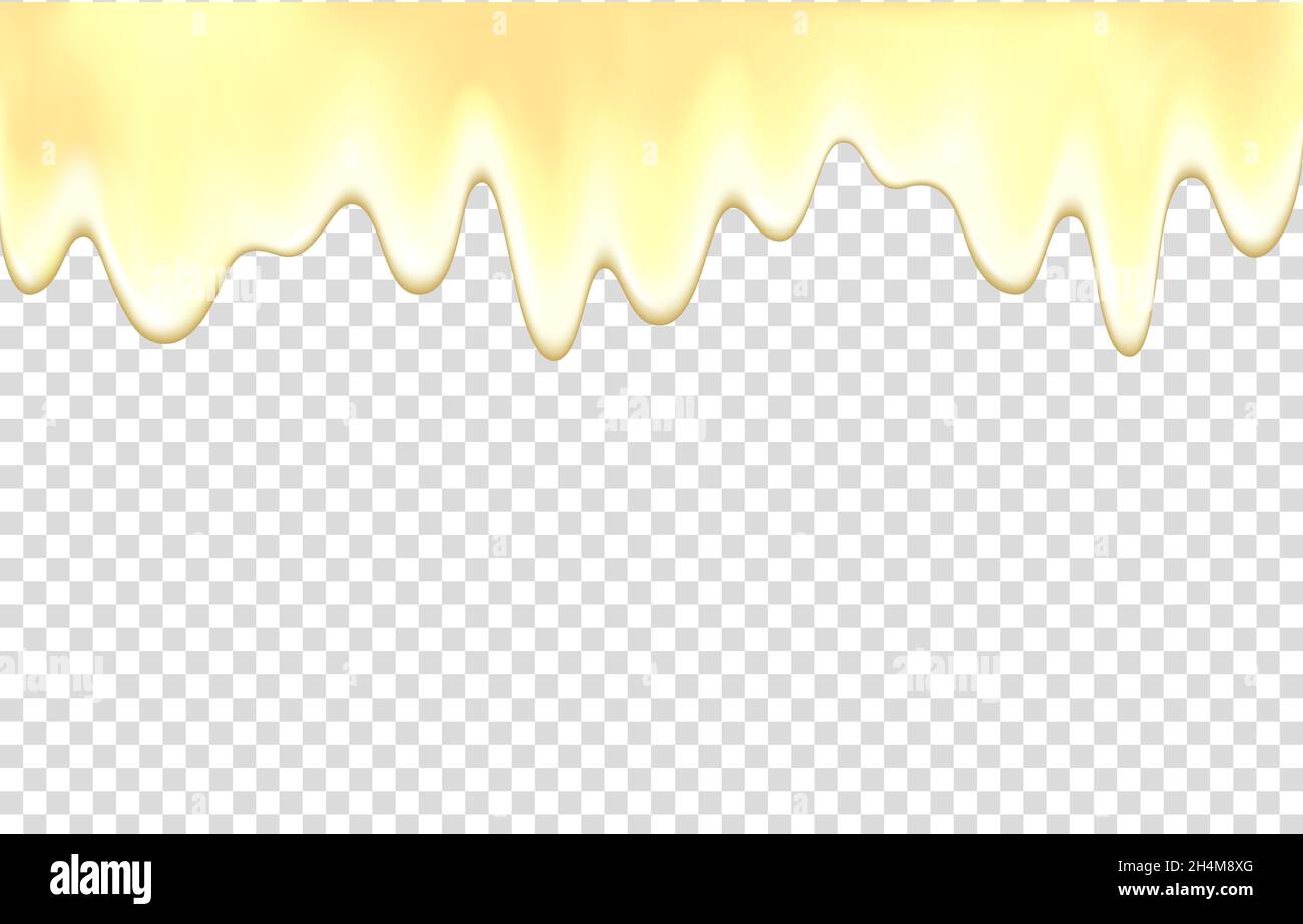 Dripping yogurt, liquid, ice cream. Flowing honey or yellow fruit jam on white milk cream. Vector drip background. Stock Vector