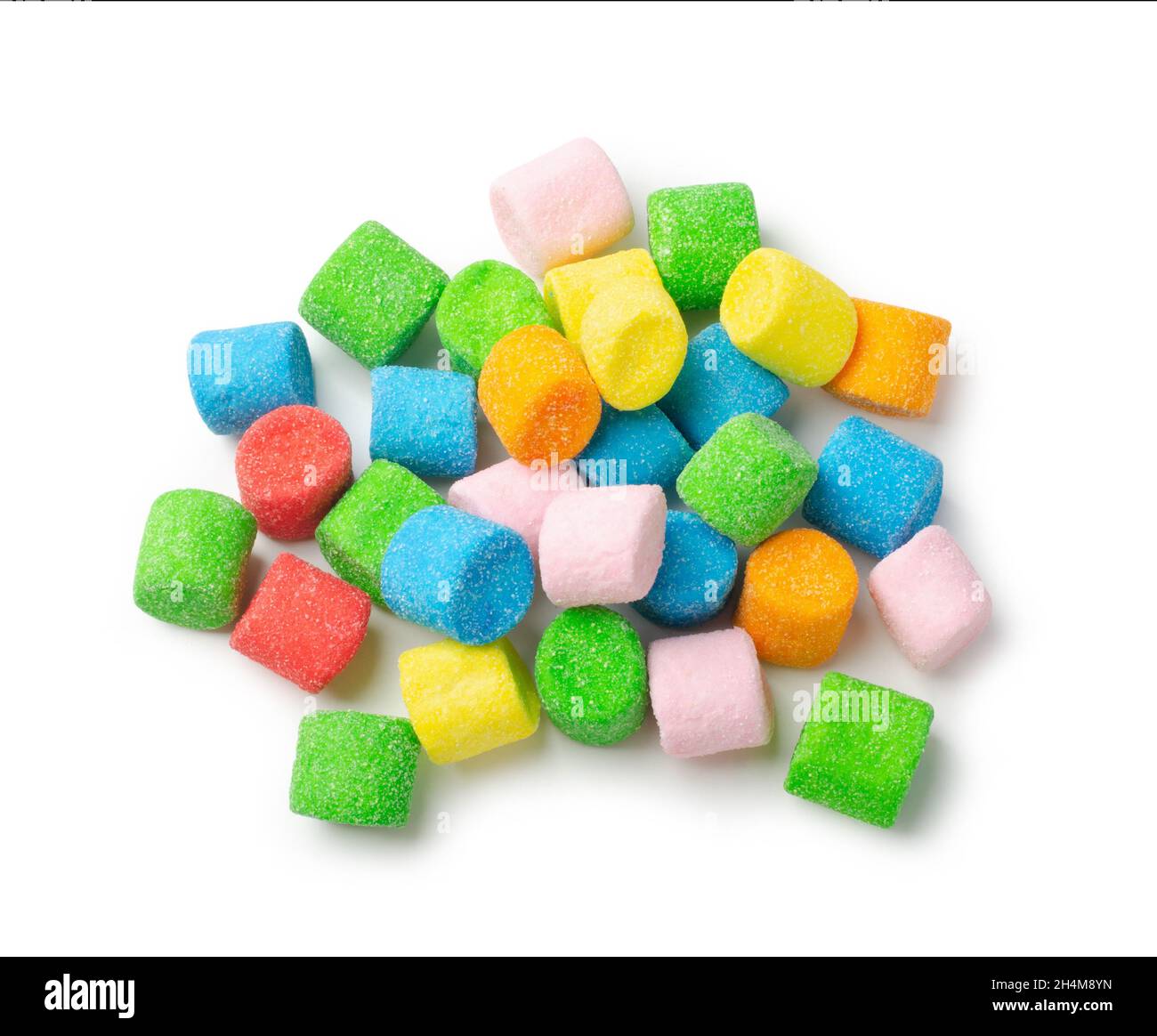 Colorful marshmallows candy isolated on white background, top view Stock Photo