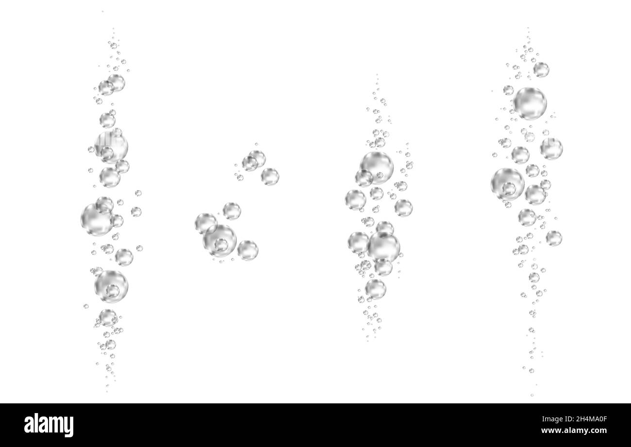Effervescent drink. Underwater  black fizzing air bubbles on white  background. Fizzy sparkles in water, sea, aquarium, ocean. Fizz. Undersea vector t Stock Vector
