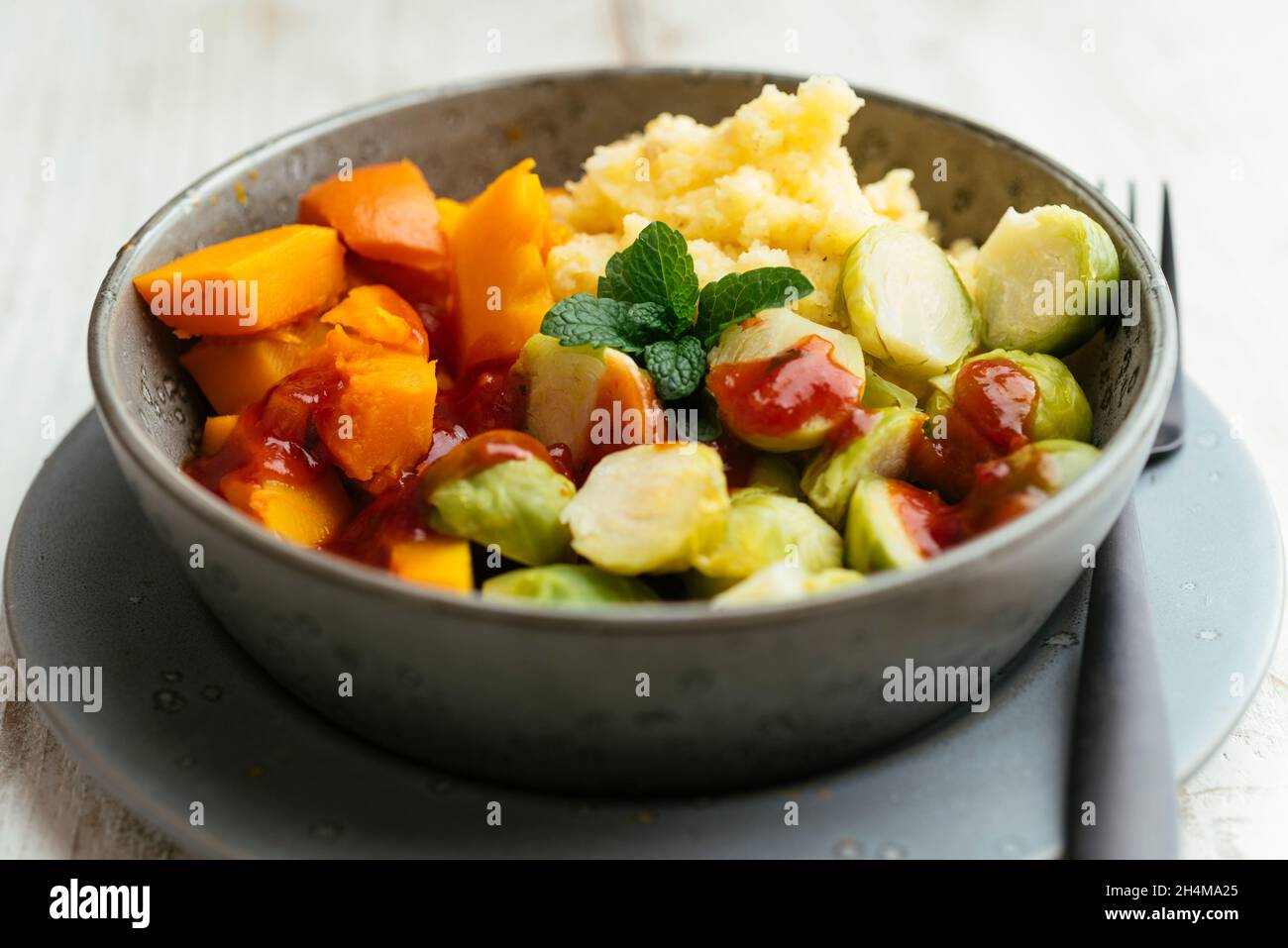 Home made dish with winter squash, Brussels sprouts, mashed potatoes and a sweet and spicy sauce. Stock Photo