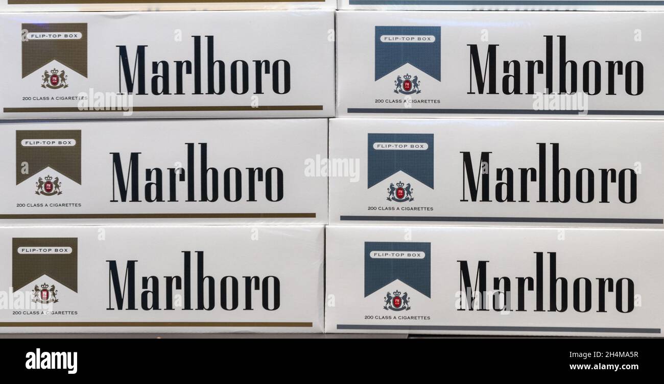 Boxes of Marlboro cigarettes by Phillip Morris USA in Toronto Canada. Nov. 2, 2021 Stock Photo