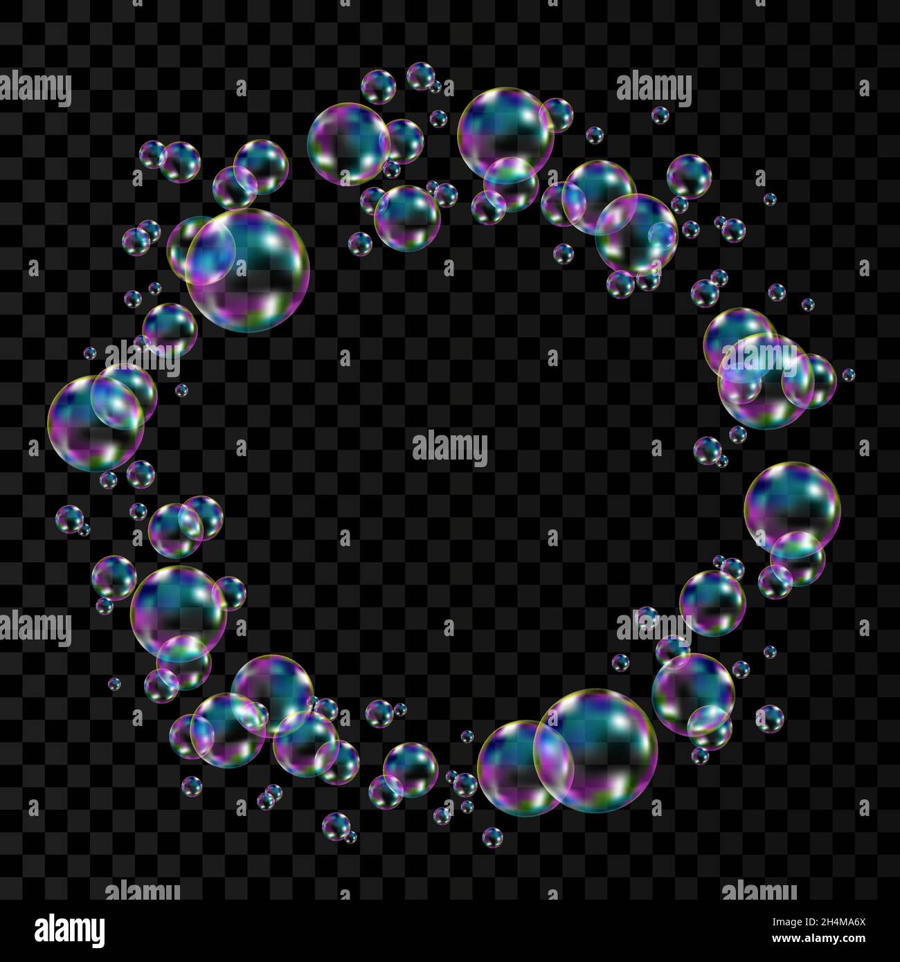 Realistic transparent colorful soap  bubbles with rainbow reflection isolated on checkered background. Circle frame. Vector texture. Stock Vector