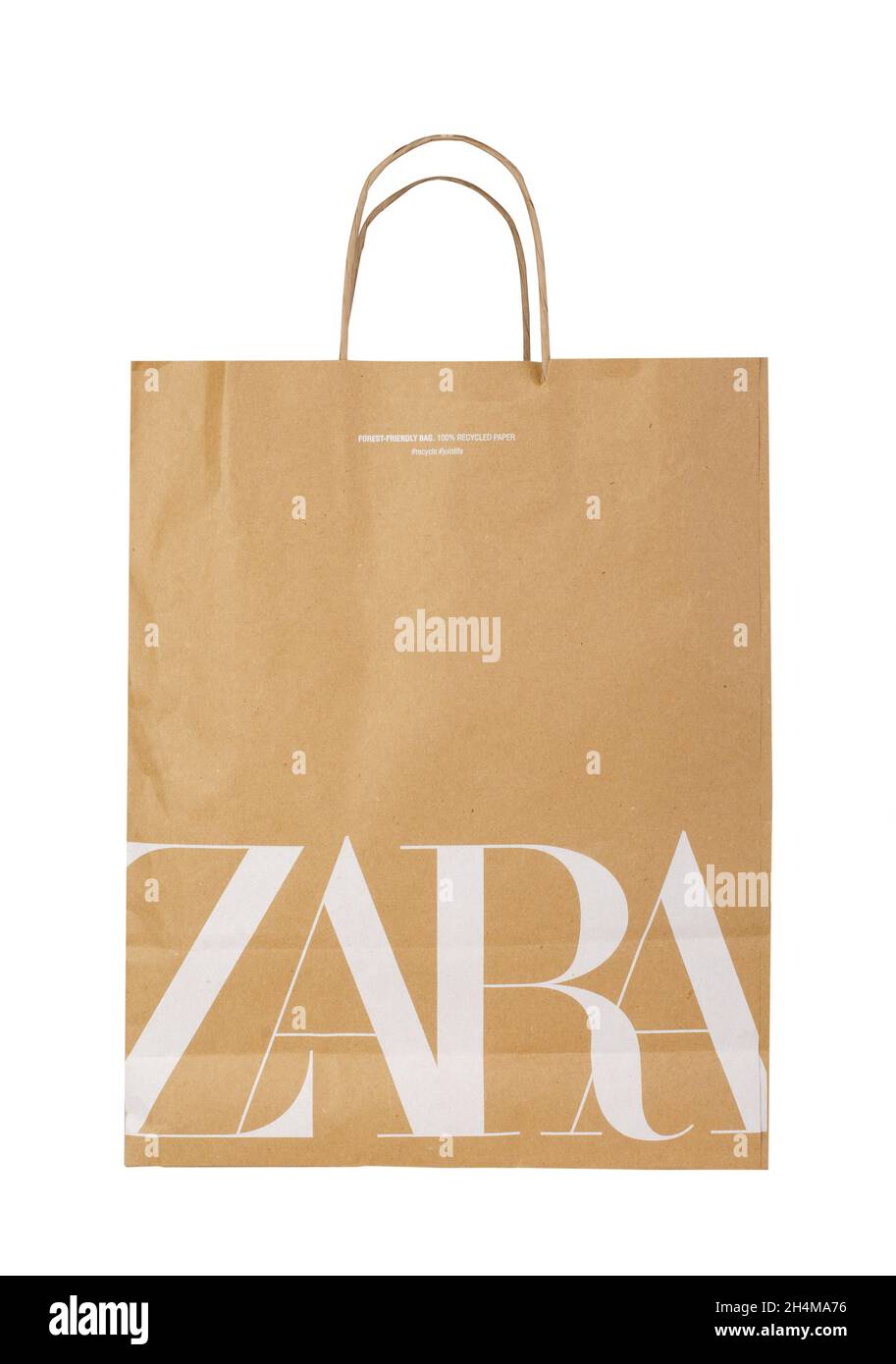 RUSSIA, SAMARA - February 25, 2021: Package paper bag of Zara is clothing and accessories retailer. Stock Photo