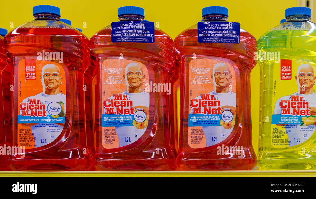 Bottles of Mr. Clean products on a retail store shelf in Toronto Canada Stock Photo