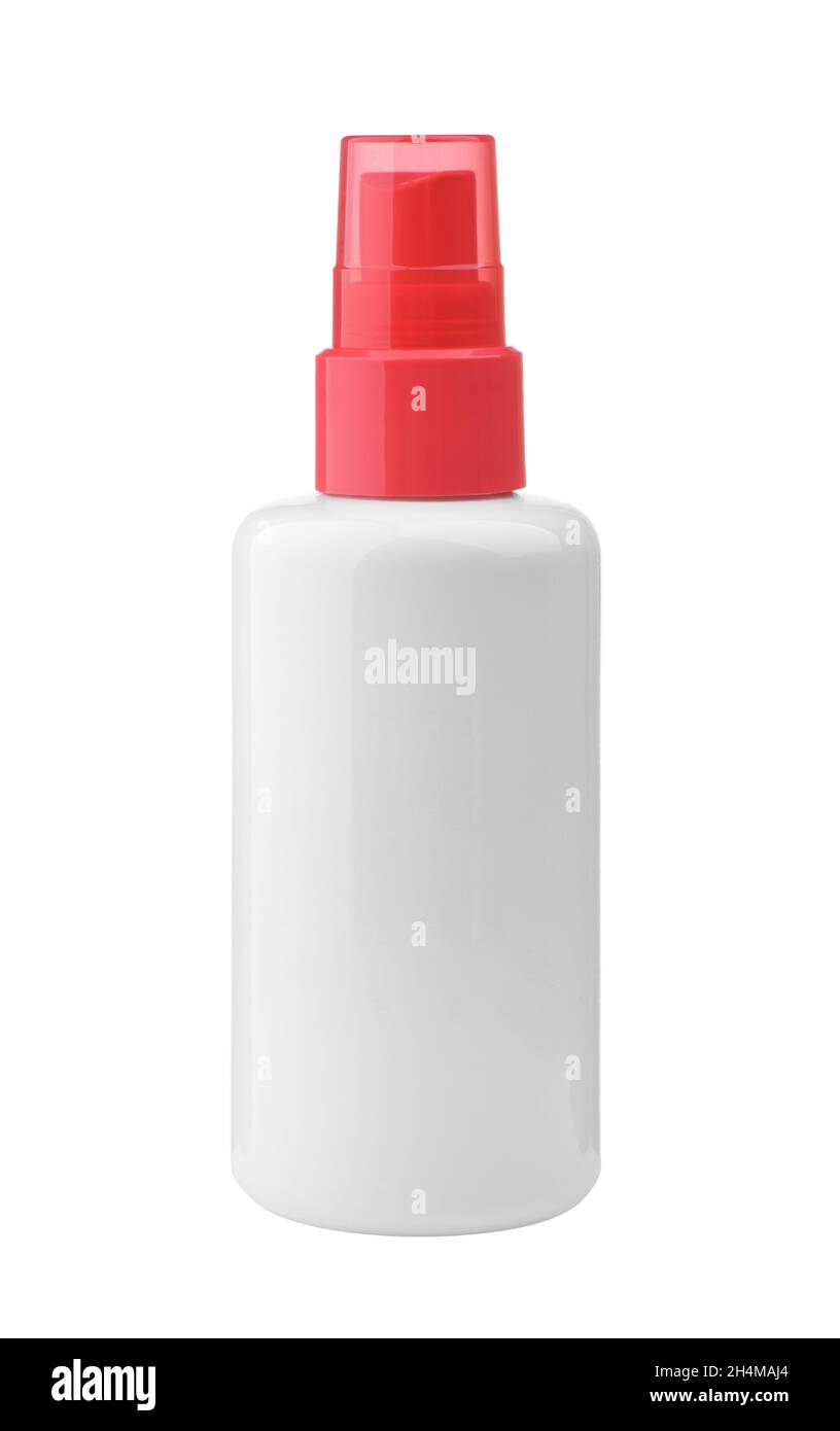 White spray bottle isolated on a white background. Mock-up with red cap ...