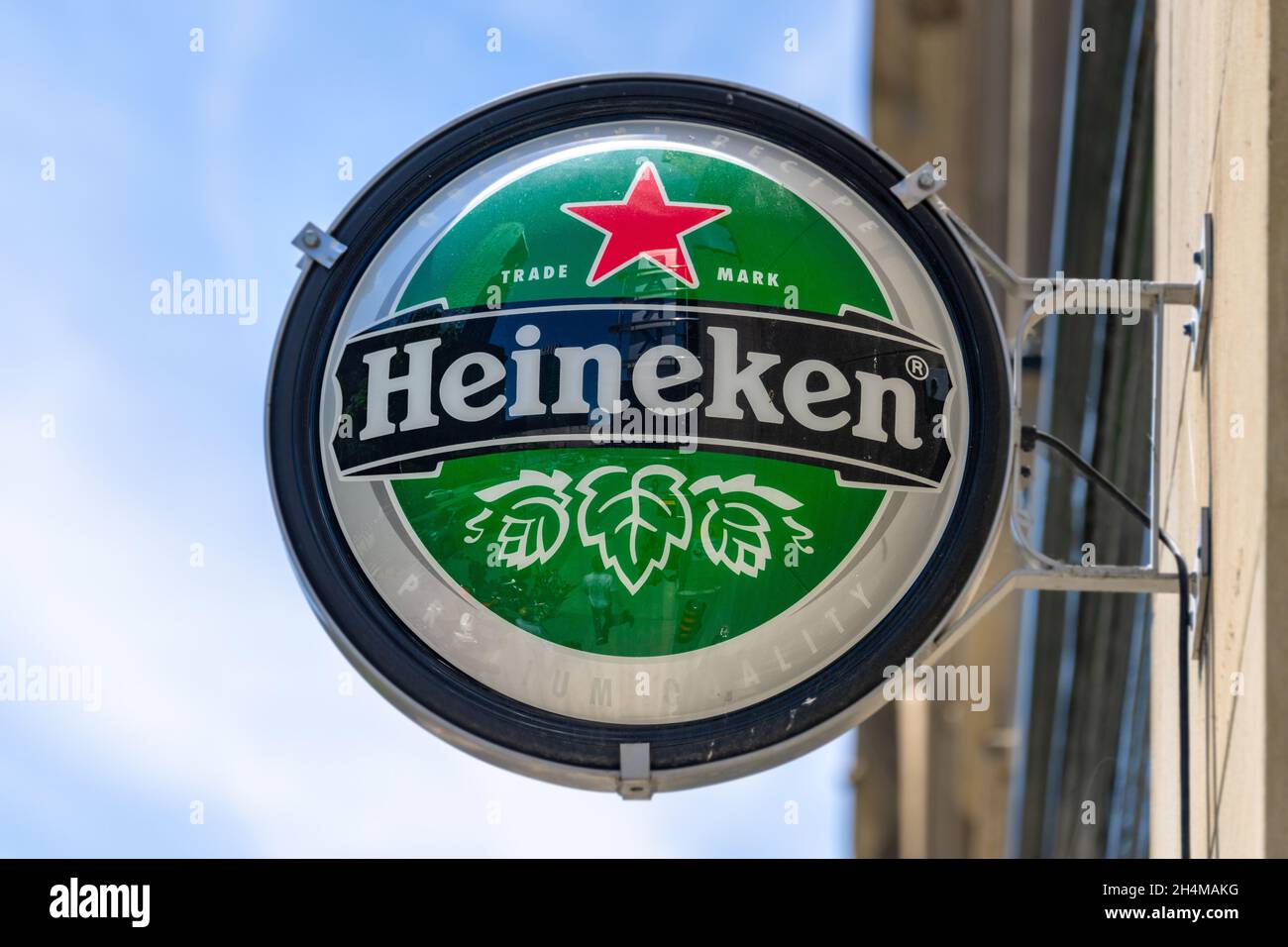 Sign of Heineken beer outside a business in Toronto CanadaNov. 2, 2021 Stock Photo