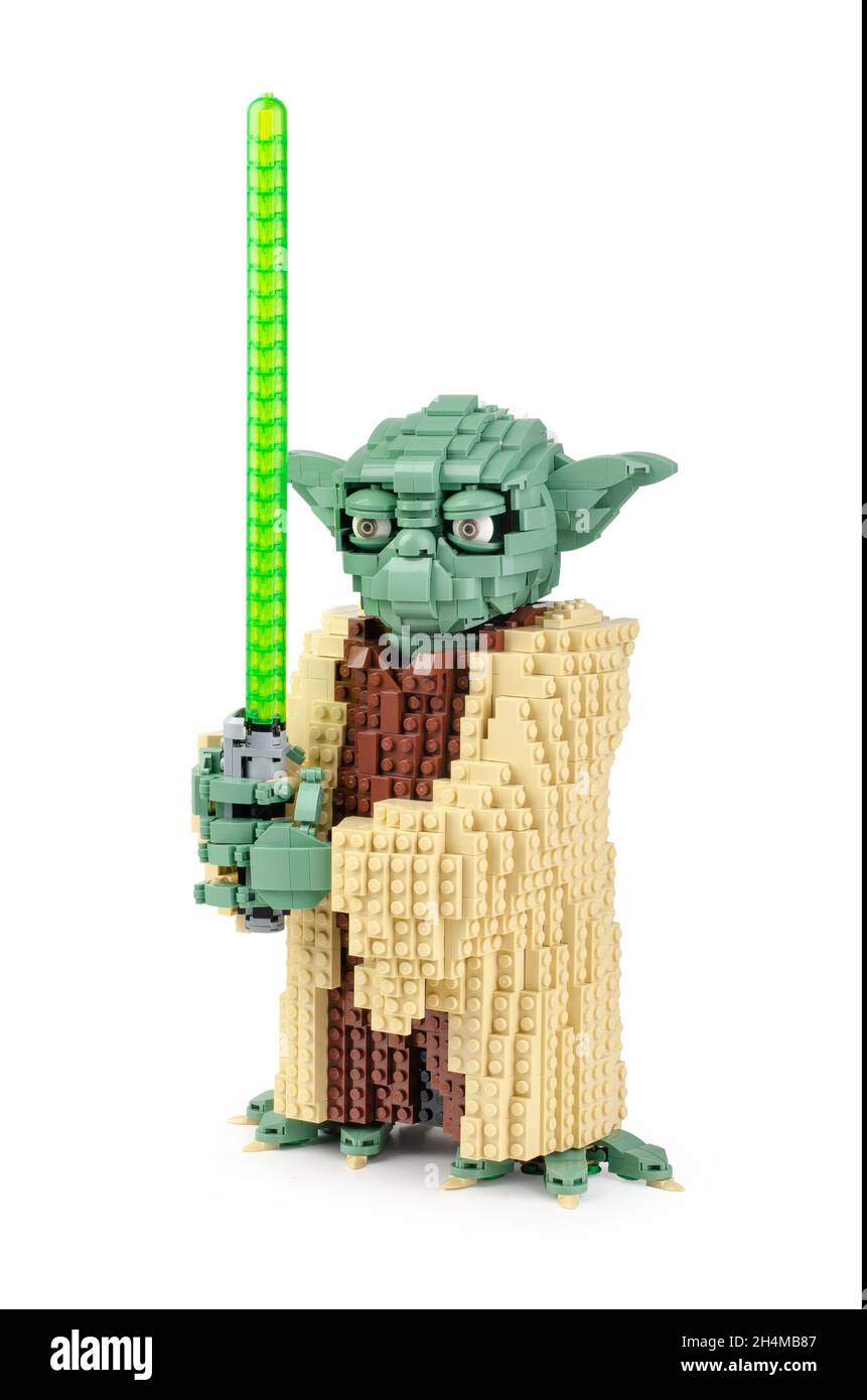 Samara, Russian Federation - August 31, 2021: LEGO Star Wars Yoda Master Jedi figurine isolated on a white background Stock Photo