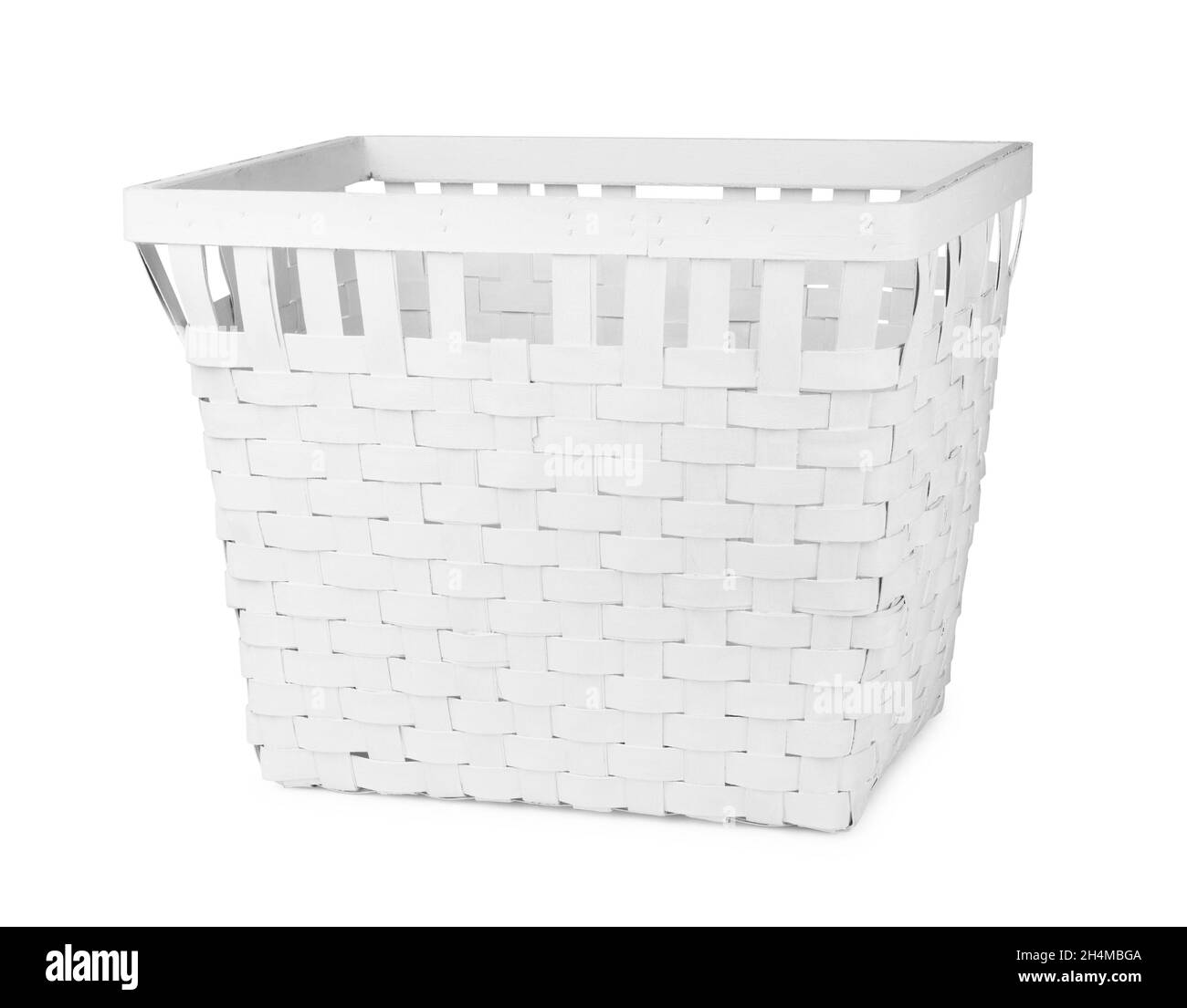Empty white wicker basket isolated on white background Stock Photo