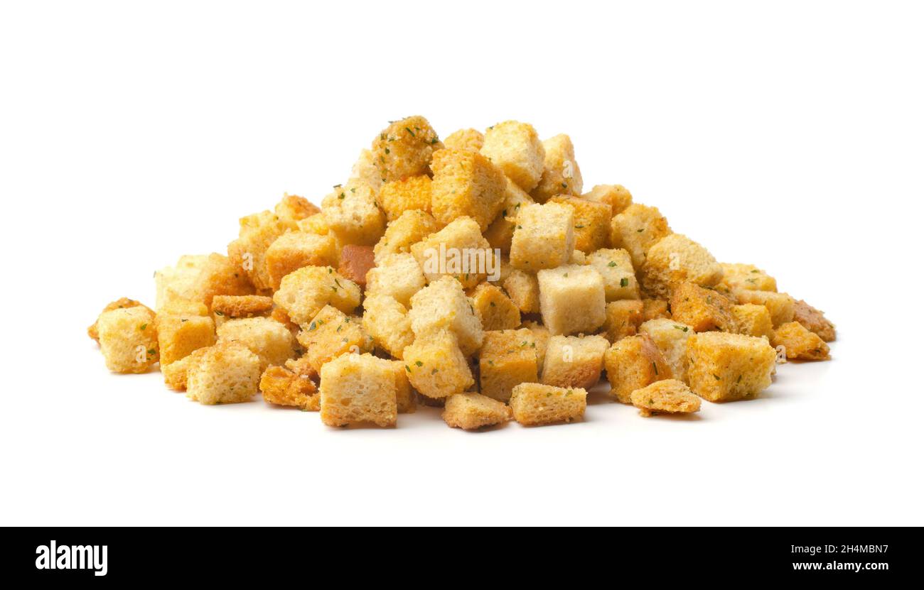 Pile of homemade bread croutons isolated on white background Stock Photo