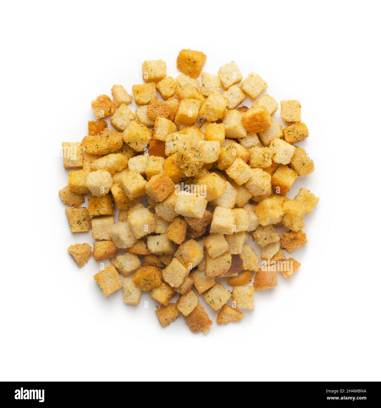 Pile of garlic white bread croutons isolated over the white background Stock Photo