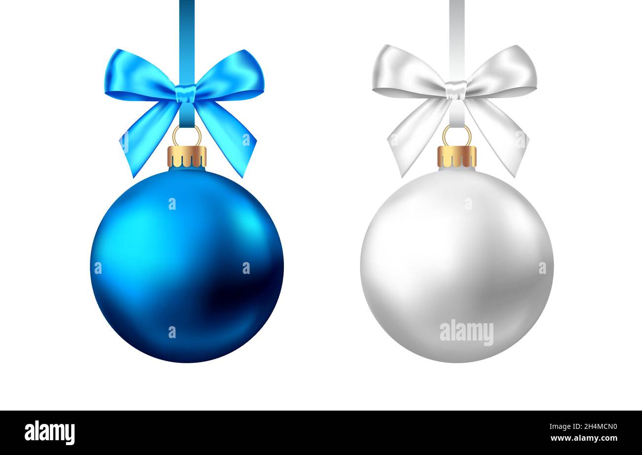 Realistic blue, silver Christmas balls with bow and ribbon isolated on ...
