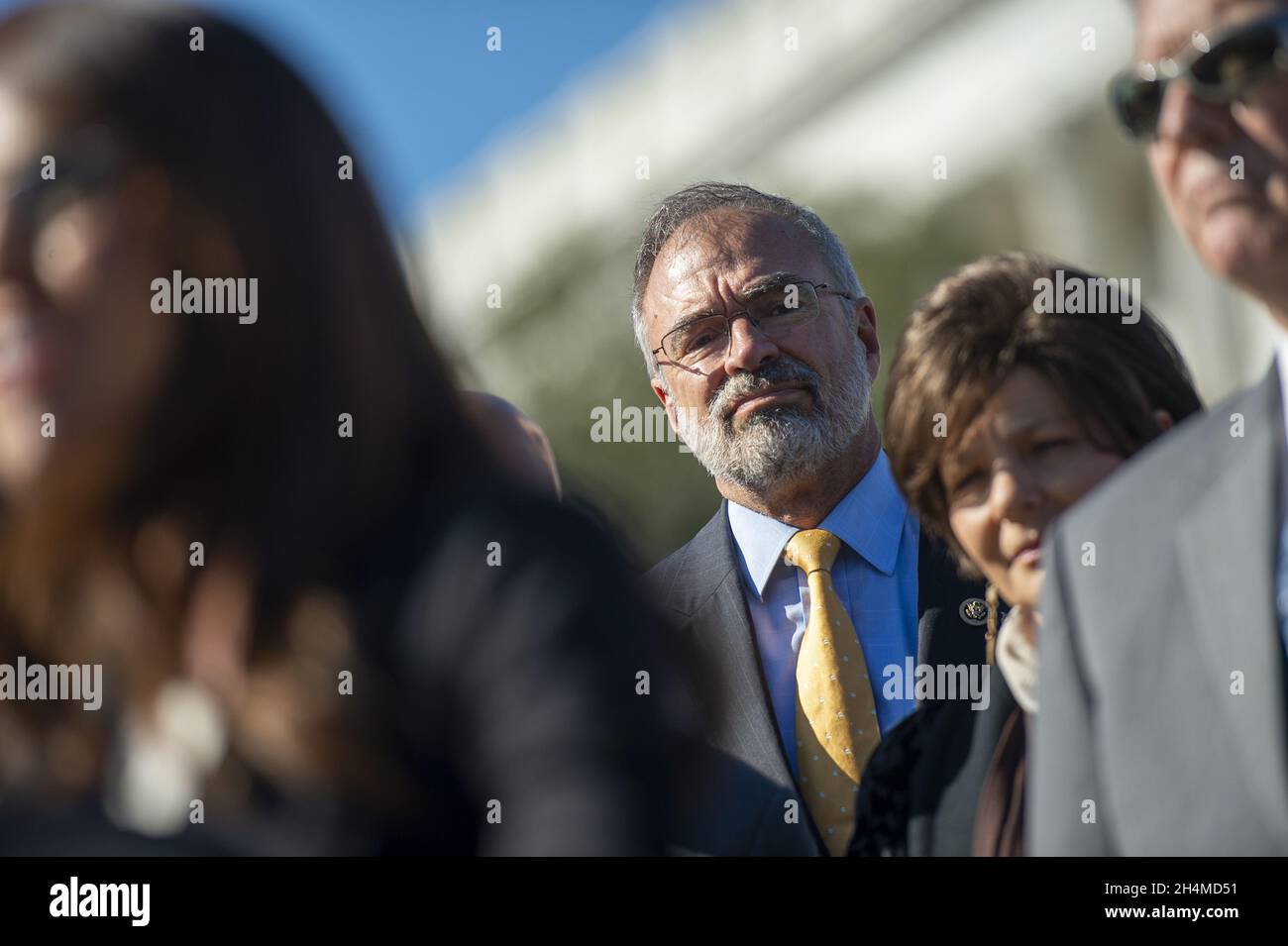 Washington, United States. 03rd Nov, 2021. Rep. Andrew Harris, R-MD, looks on as Rep. Lauren Boebert, R-CO, speaks during a House Freedom Caucus press conference calling on Republicans to 'stand united against Democrats' big government tax and spend package' at the US Capitol in Washington, DC., on Wednesday, November 3, 2021. Photo by Bonnie Cash/UPI Credit: UPI/Alamy Live News Stock Photo