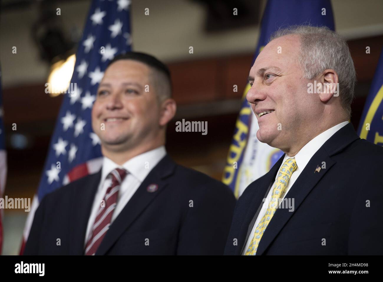 Washington, United States. 03rd Nov, 2021. House Minority Whip Steve Scalise, R-LA, and Rep. Tony Gonzales, R-TX, smile during a news conference on the nationwide outcomes of Election Day 2021 at the US Capitol in Washington, DC., on Wednesday, November 3, 2021. Photo by Bonnie Cash/UPI. Credit: UPI/Alamy Live News Stock Photo