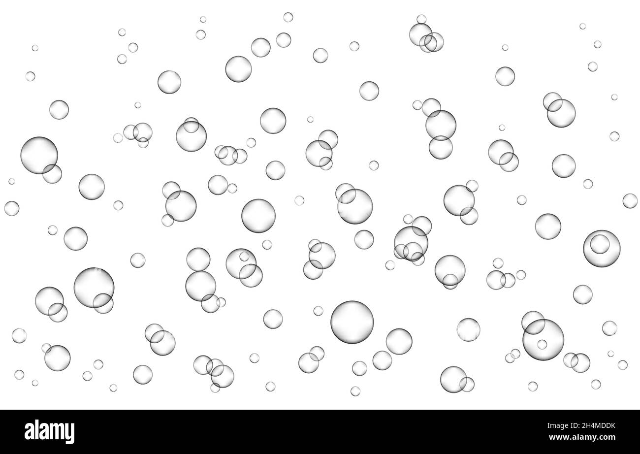 Underwater fizzing air, water or oxygen  bubbles on white  background. Effervescent drink. Fizzy sparkles in sea, aquarium. Champagne. Soda pop. Under Stock Vector