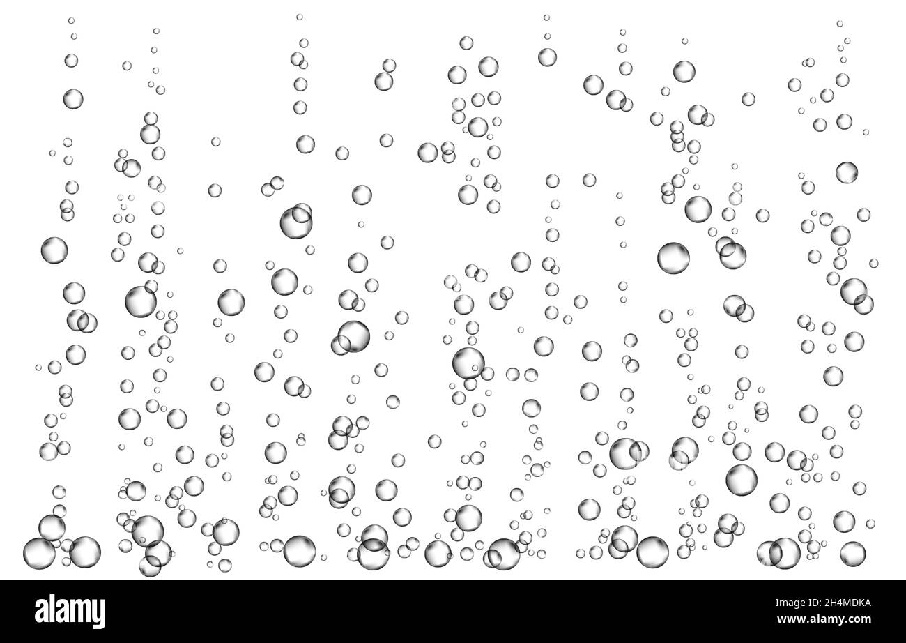 Effervescent drink. Underwater  black fizzing air bubbles on white  background. Fizzy sparkles in water, sea, aquarium, ocean. Fizz. Undersea vector t Stock Vector