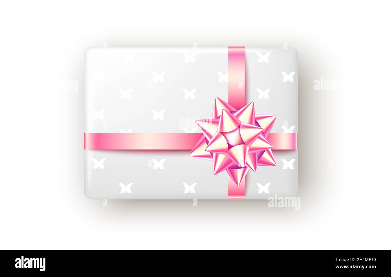 Pink and green gift box with ribbon and bow, top view. Christmas, New ...