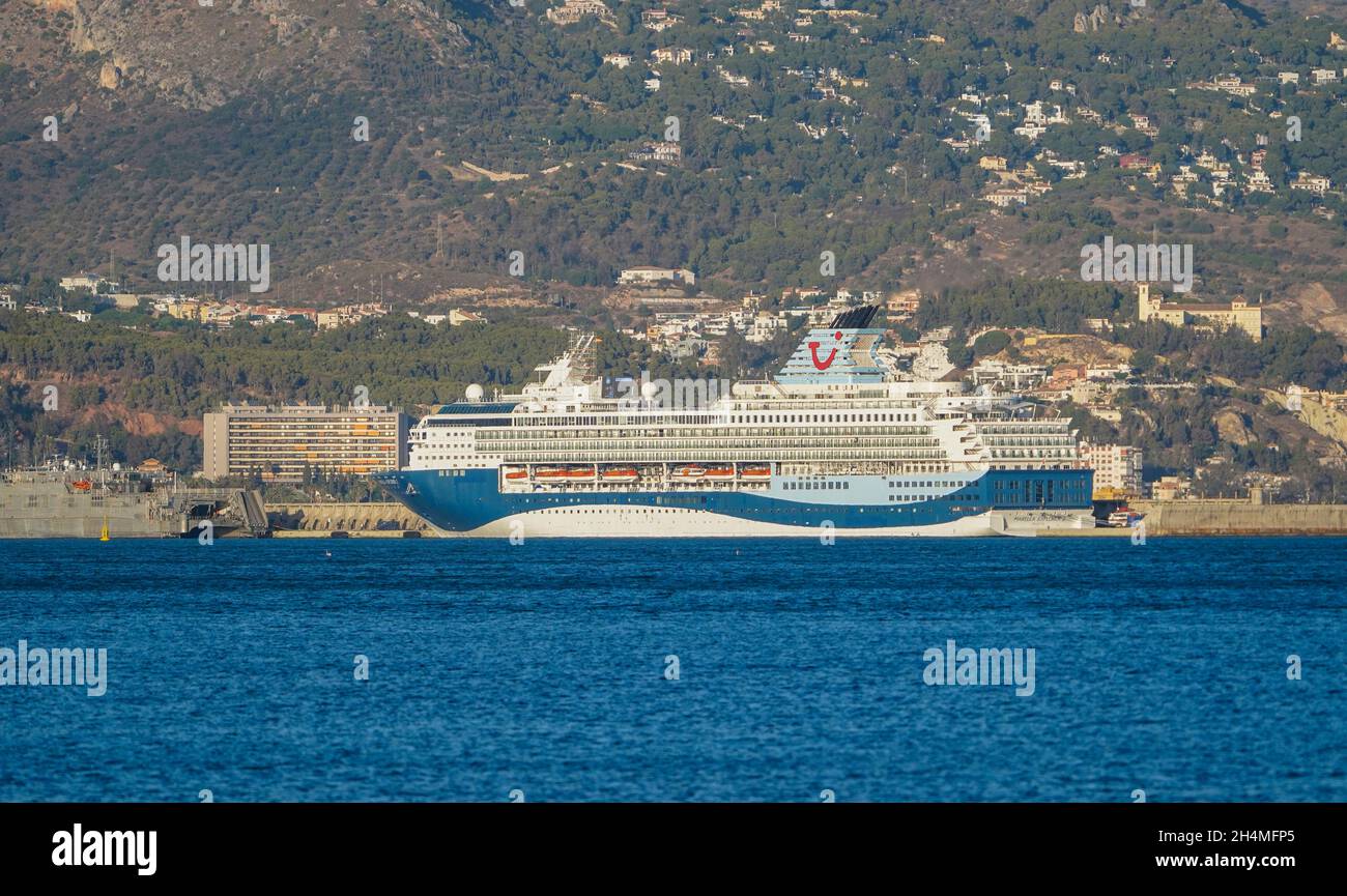 Tui Marella Explorer 2, Cruise ship, moored in the harbour of Malaga, Costa del Sol, Southern Spain. Stock Photo