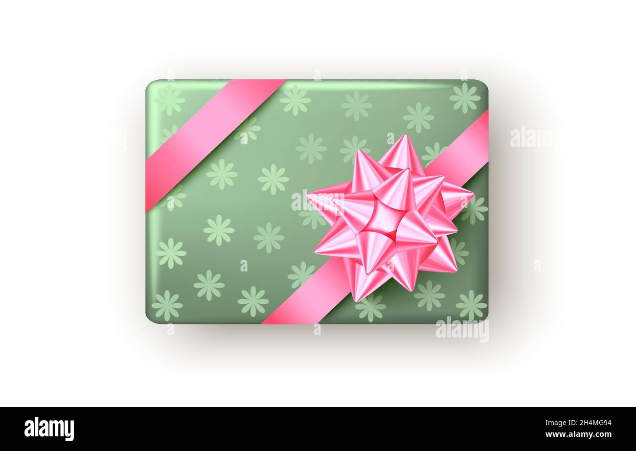 Pink and green gift box with ribbon and bow, top view. Christmas, New ...