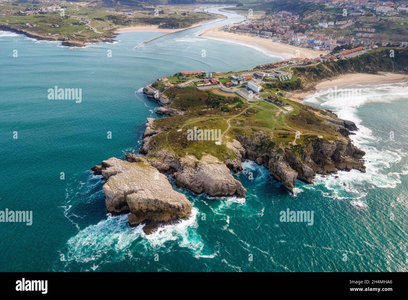 Aerial view of a scenic coastline landscape in Suances, Cantabria, Spain. High quality photo. Stock Photo