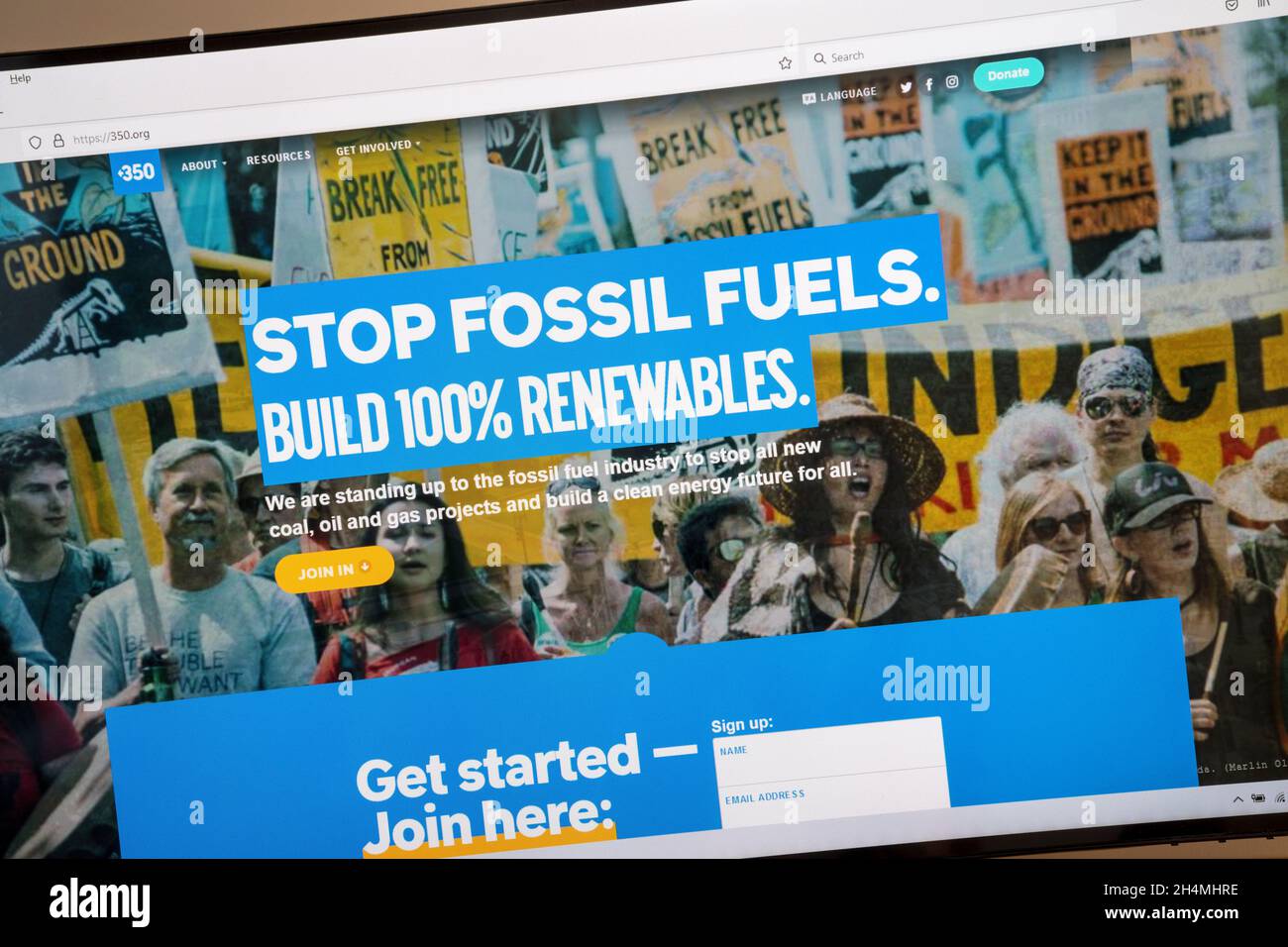 Web site home page of the 350.org international environmental campaign group with HQ in the US. Stock Photo