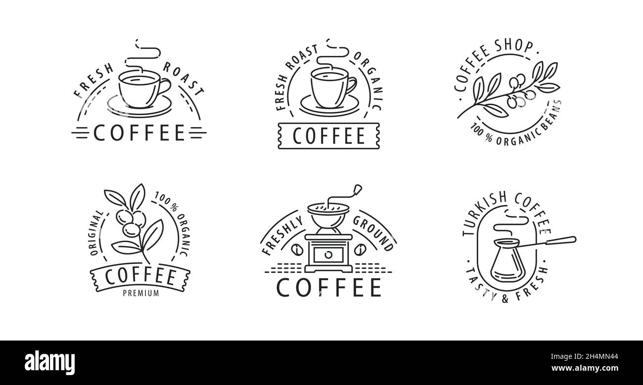 Coffee set of labels in graphic linear style. Design elements or