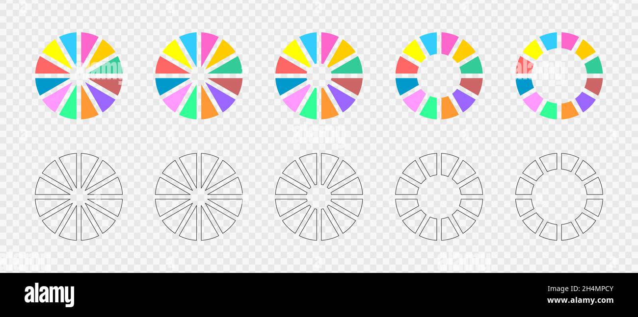 Donut charts set. Infographic wheels divided in 12 multicolored and