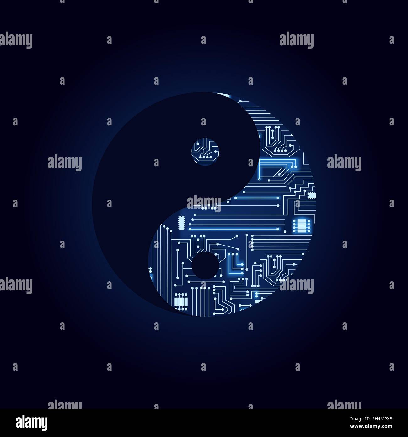 Yin yang symbol with a technological electronics circuit. Blue background. Stock Vector
