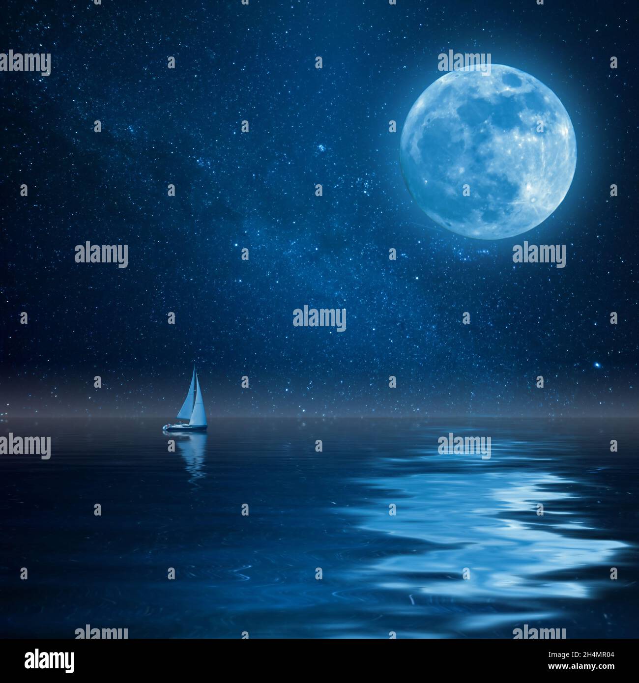 Lonely yacht in calm ocean, full moon and stars reflection in water. Landscape with milky way Stock Photo