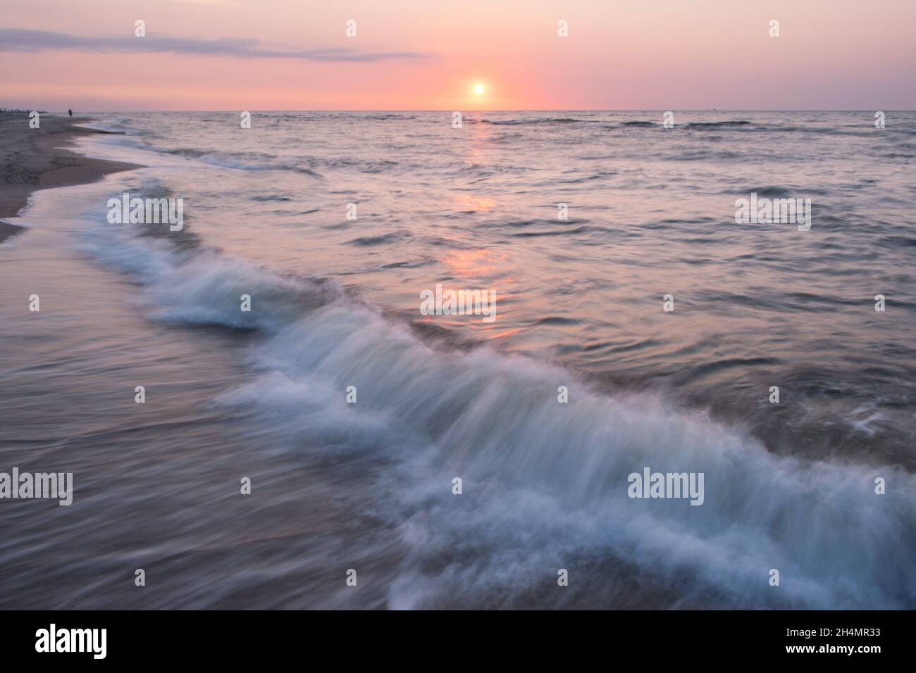 Sunrise on sea, landscape with sun and wave, seascape Stock Photo