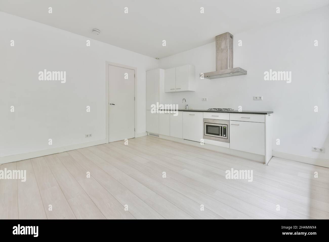 Beautiful image of an empty kitchen in a white interior design house ...