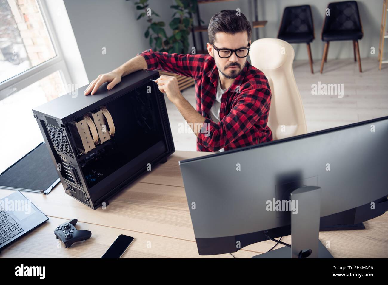 High angle view portrait of nice experienced focused trendy guy ...