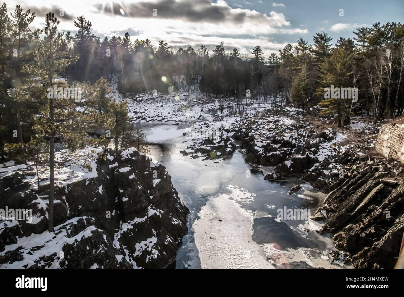 Rugged landscape of the St. Louis River at Jay Cooke State Park, Carlton, Minnesota USA in winter. Stock Photo