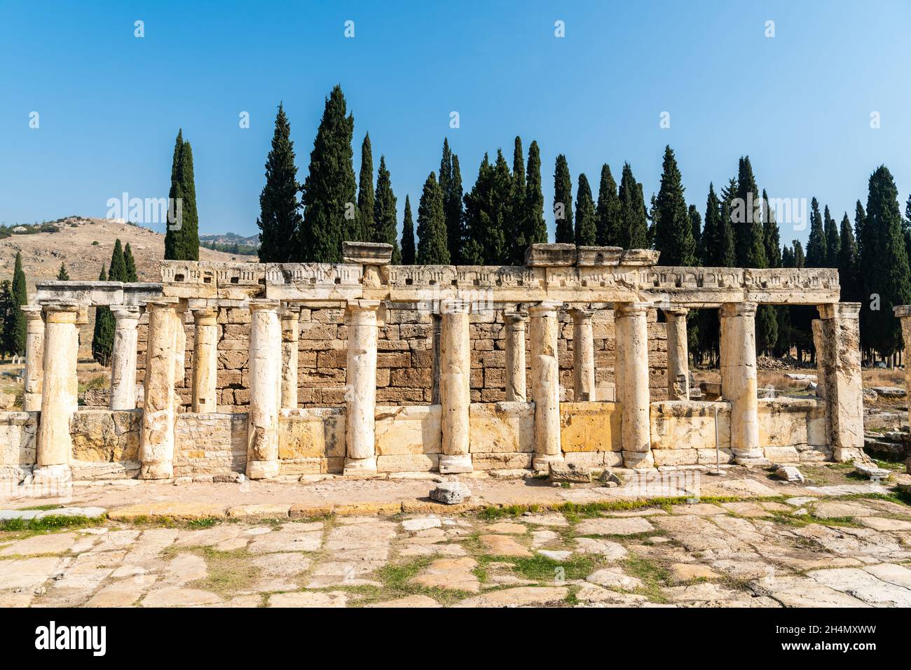 Ruins of ancient latrine toilet at Hierapolis ancient site in Denizli province of Turkey. Hierapolis was an ancient Greek city located on hot springs Stock Photo