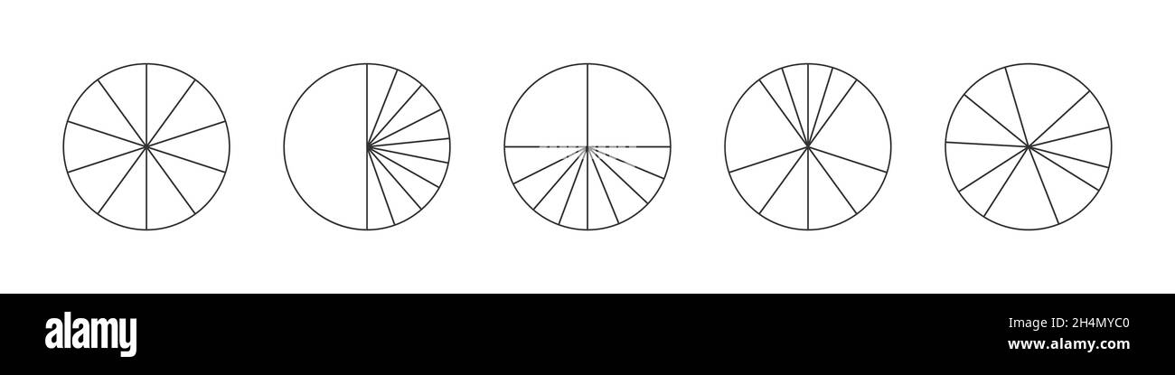 Outline circles divided in 10 segments. Pie or pizza round shapes cut in ten different slices. Simple statistical infographic examples isolated on white background. Vector graphic illustration. Stock Vector