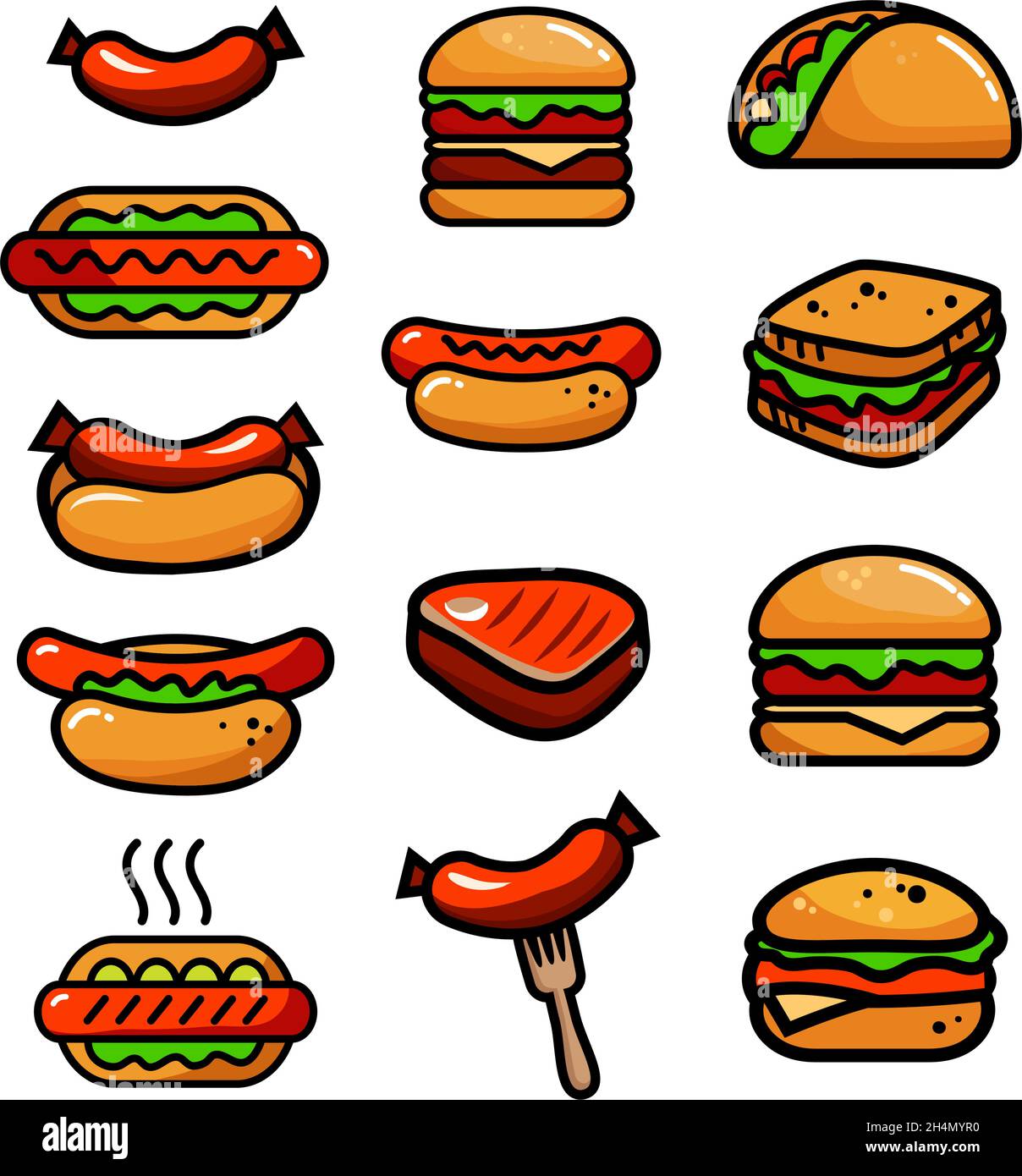 Set with various fast food. Sandwich, hot dog, hamburger, taco, sausage. Vector icons set in simple style, isolated on white background. Stock Vector