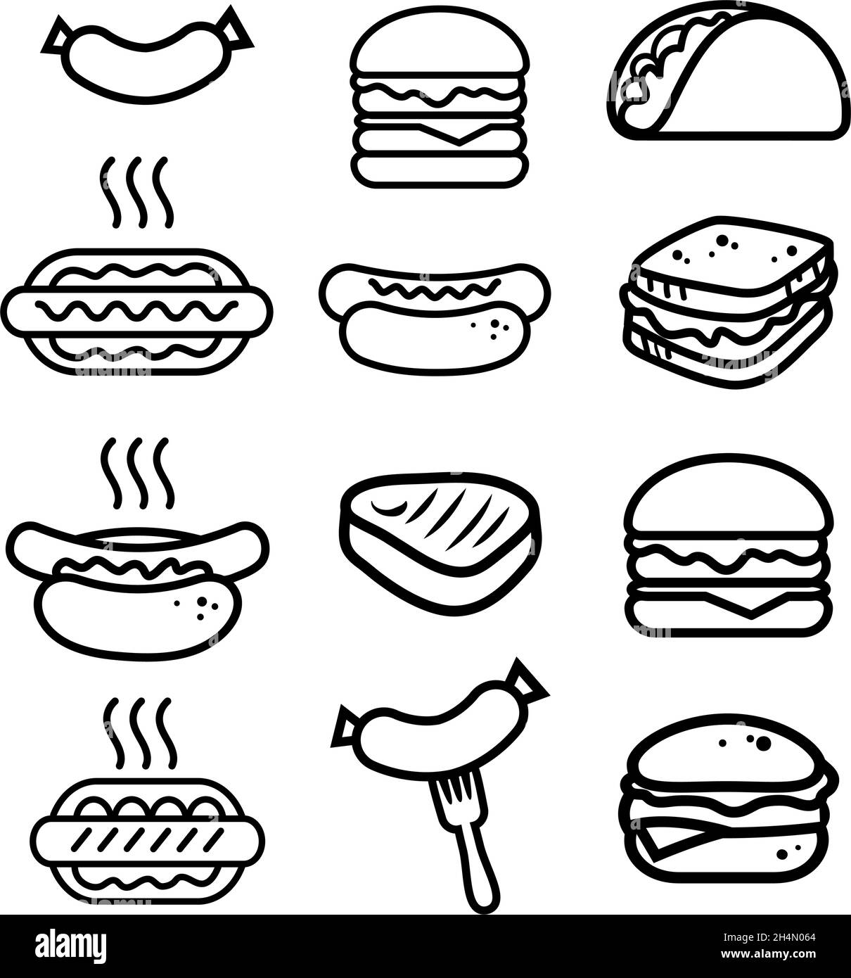 Fast food minimalistic outline icons set isolated on white Stock Vector