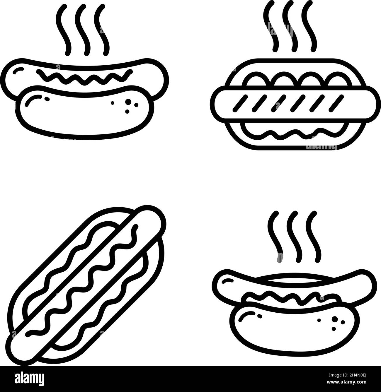 Hotdog sandwich outline icon set, for web and mobile, modern minimalistic flat design. Vector icon collection isolated on white background. Stock Vector